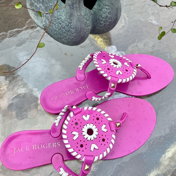 Jack Rogers Georgica Jelly Bright Pink Thong Sandals White Whipstich Trim Size 8 - Picture 4 of 9